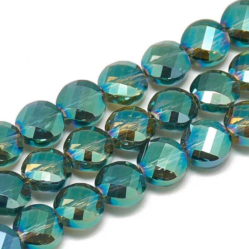 50 x Electroplated Glass Coins in Emerald Green with Rainbow Plating, 8x5mm