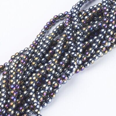 Glass Beads in Black with AB Plating, 4mm, 1 Strand