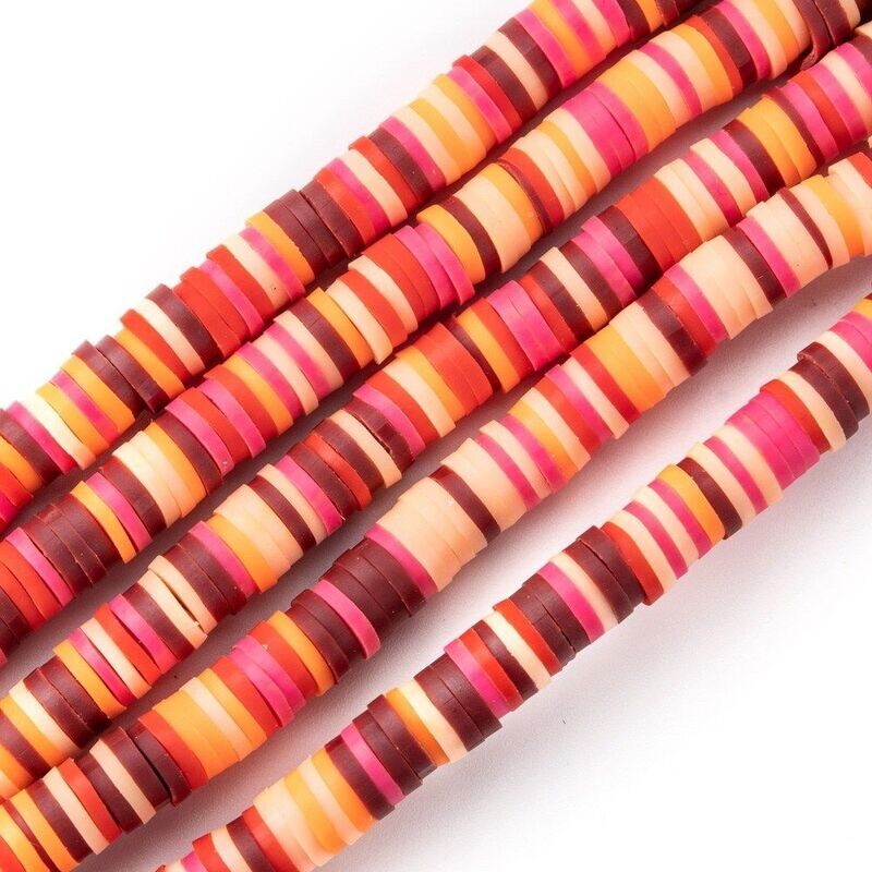 Polymer Clay Heishi Bead Strand, Neon Pink & Orange Mix, 6mm