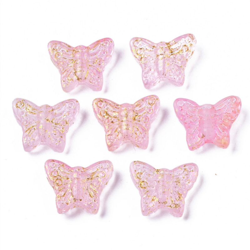 20 x Spray Painted Glass Butterfly Beads in Pink with Gold Foil, 15x12x5mm