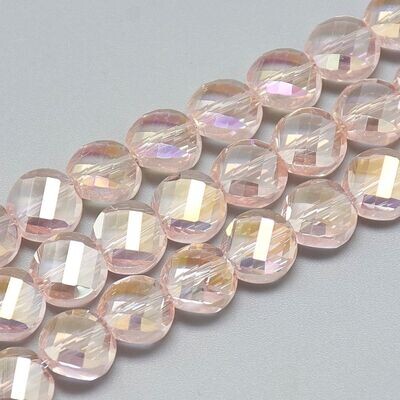 50 x Electroplated Glass Coins in Pink with Rainbow Plating, 8x5mm