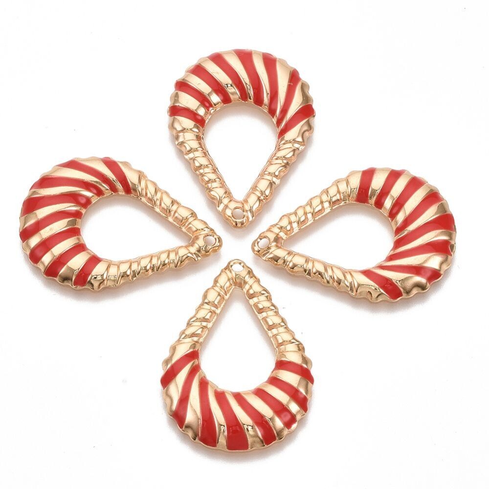 2 x Light Gold Teardrop Pendants with Red Enamel, 32x23mm