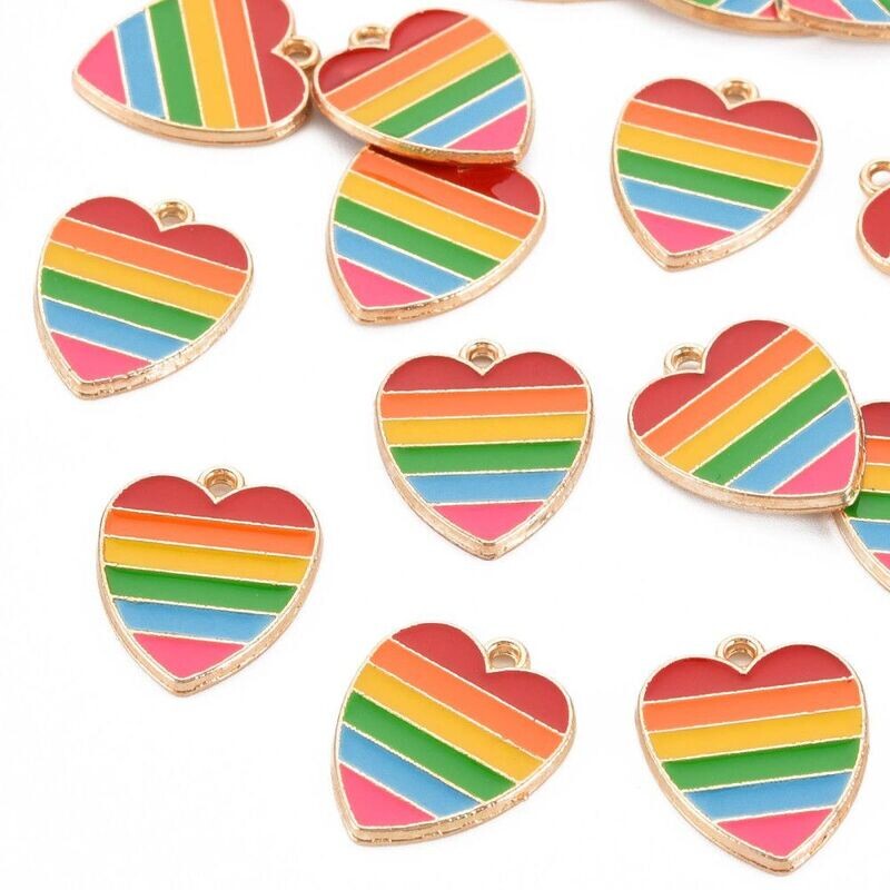 Enamel & Light Gold Rainbow Heart Charm, 18x15mm
