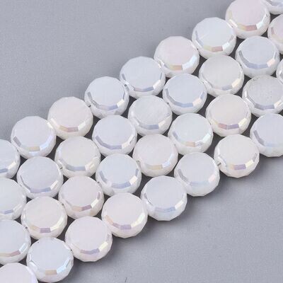 50 x 8x4mm Faceted Glass Coin Beads with AB Plating, White