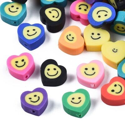 50 x Polymer Clay Smiley Heart Beads, 8x9mm
