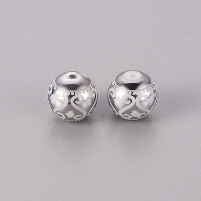 30 x 10mm Electroplated Glass Beads with Silver Pattern
