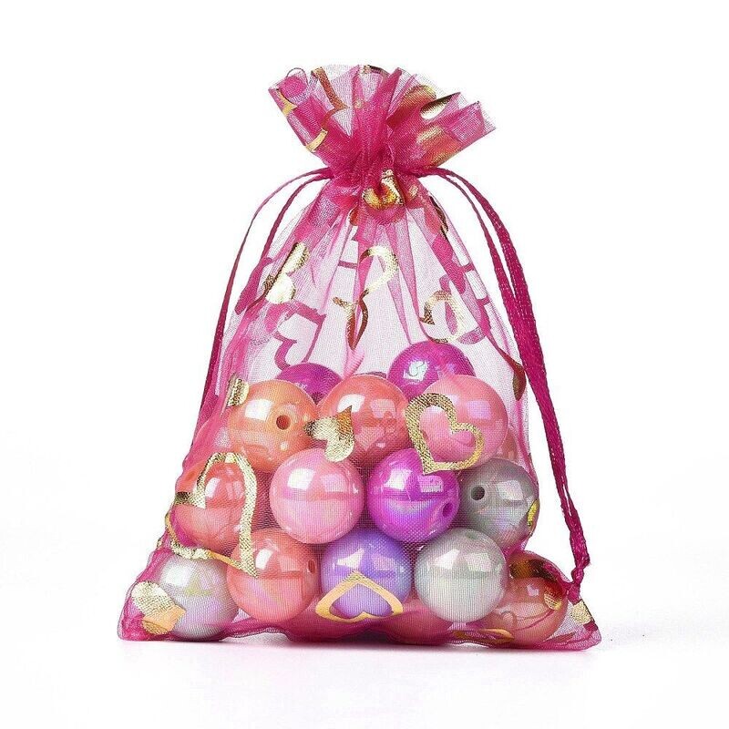 10 x 10x15cm Fuchsia Pink & Gold Organza Pouches