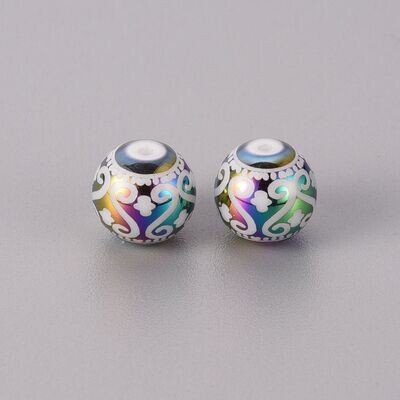 30 x 10mm Electroplated Glass Beads with Multi-coloured Pattern