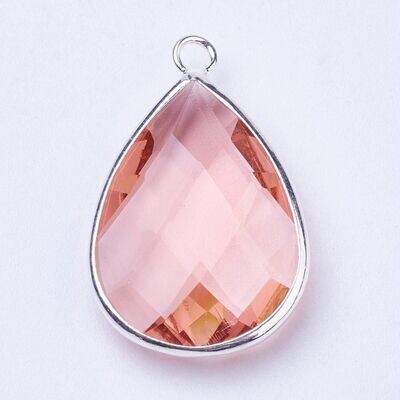 2 x Silver & Faceted Glass Teardrop Pendants, 18x10x4mm, Pink