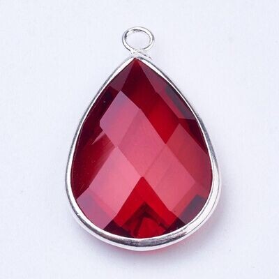2 x Silver & Faceted Glass Teardrop Pendants, 18x10x4mm, Red