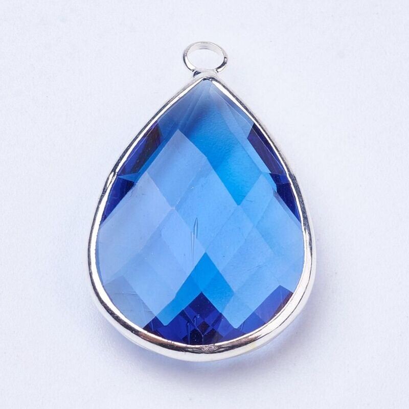 2 x Silver & Faceted Glass Teardrop Pendants, 18x10x4mm, Blue