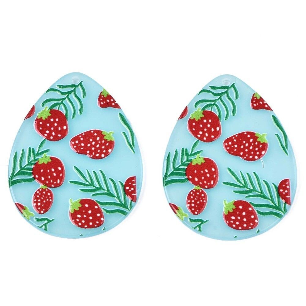 2 x Teardrop Resin Strawberry Pendant, 45x34x2mm