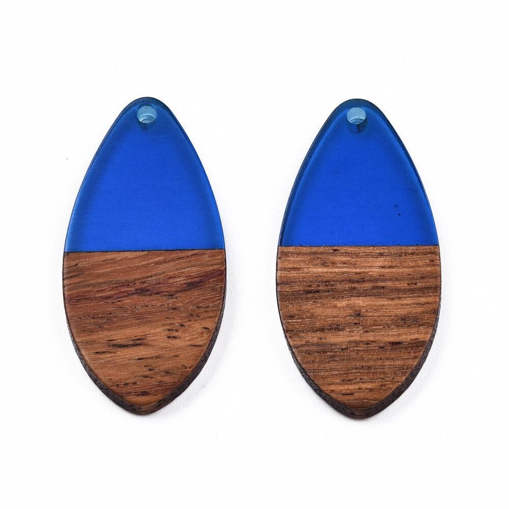Teardrop Resin & Wood Pendant, 38x18x3mm, Royal Blue