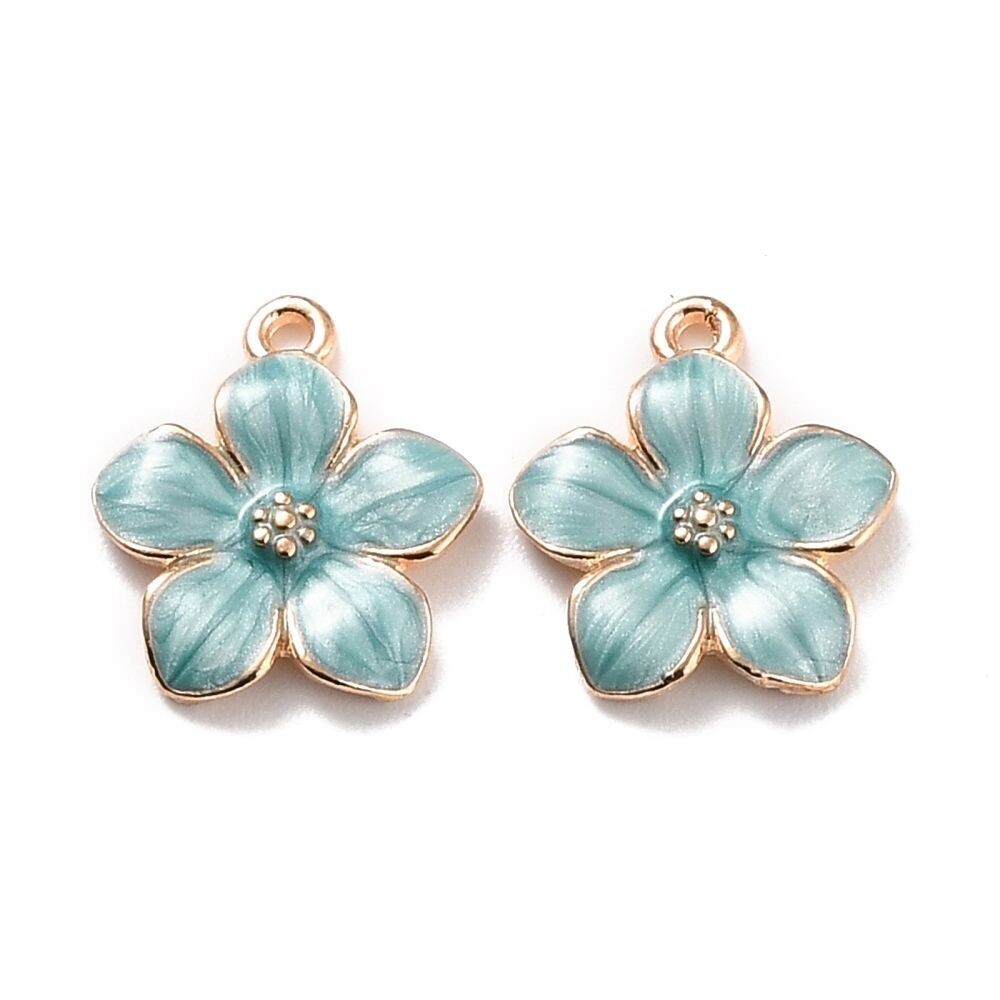 Enamel & Light Gold Flower Charm, 14x16mm, Mint Green