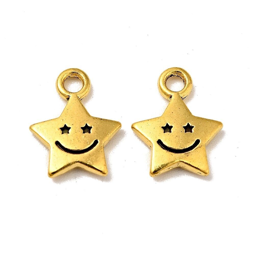 Antique Gold Smiley Face Star Charm, 9x11mm