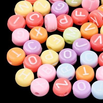 Neon Round Letter Beads with White Letters, 50g