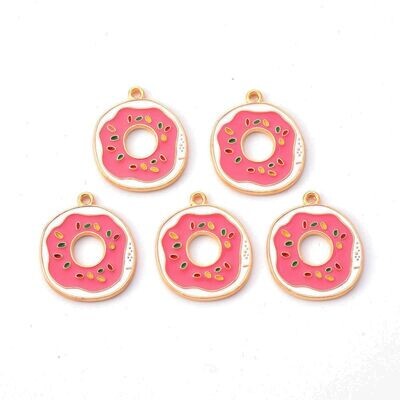Enamel & Light Gold Pink Donut Charm, 24x21mm