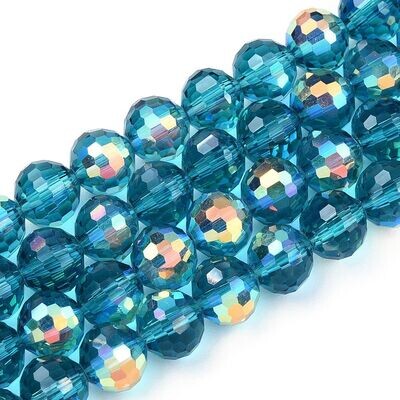 50 x 8mm Faceted Glass Beads, Half Electroplated, Teal