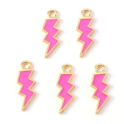 Enamel & Light Gold Lightning Charm, Bright Pink 20x7mm