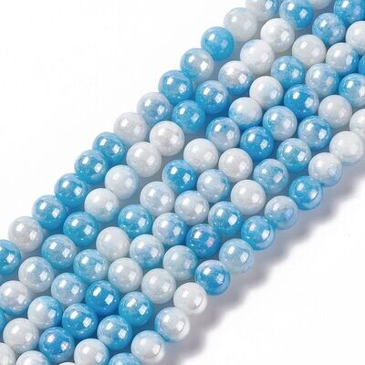 8mm Pearlised Electroplated Glass Beads in Blue and White, 1 Strand