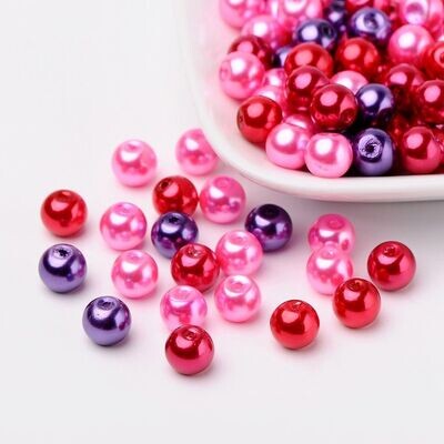 100 x 8mm Glass Pearls, Mixed Pinks & Reds