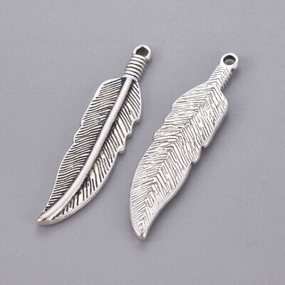 Antique Silver Feather Pendant, 45x10mm