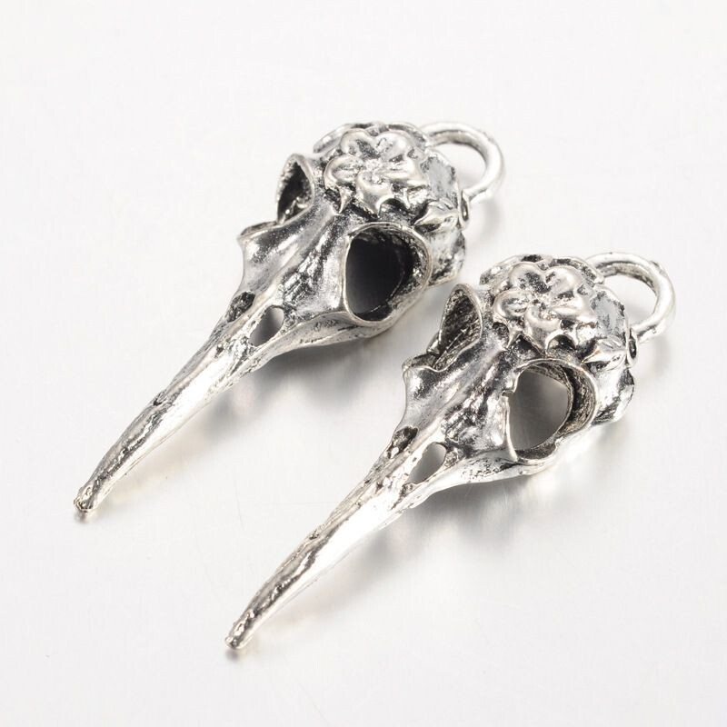 Antique Silver Raven Skull Pendants, 42x12x8mm