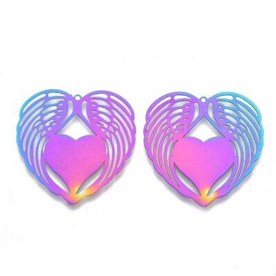 Rainbow Plated Stainless Steel Heart with Wings Pendant, 34x33mm