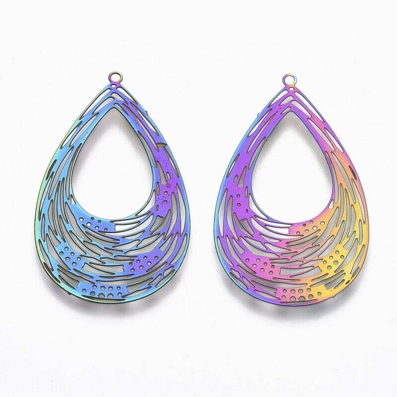 Rainbow Plated Stainless Steel Teardrop Pendant, 35x21mm