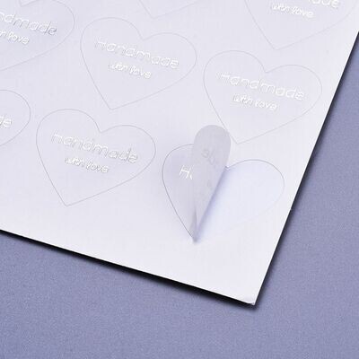 White & Silver Heart Shaped 'Handmade with Love' Labels/Stickers, 28x32mm