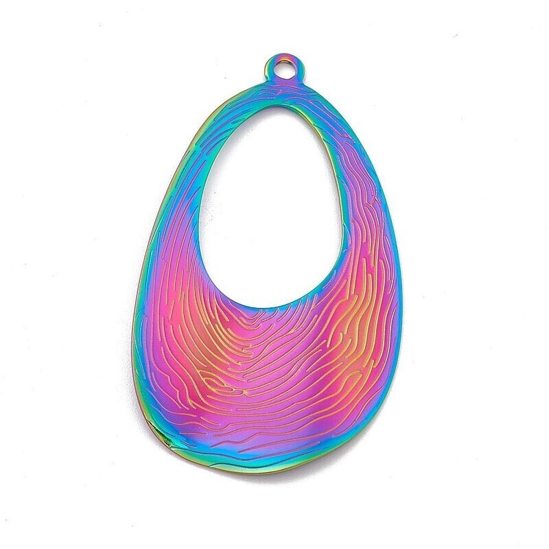 Rainbow Plated Stainless Steel Teardrop Pendant, 61x34x1mm