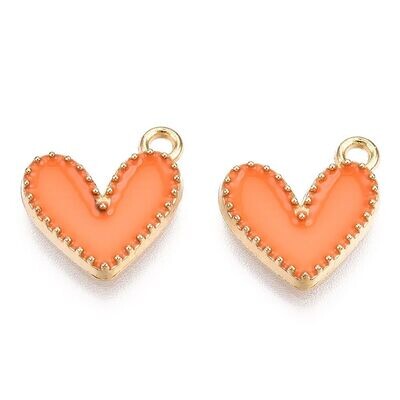 2 x Enamel & Light Gold Drop Heart Charms, 14x13mm, Orange