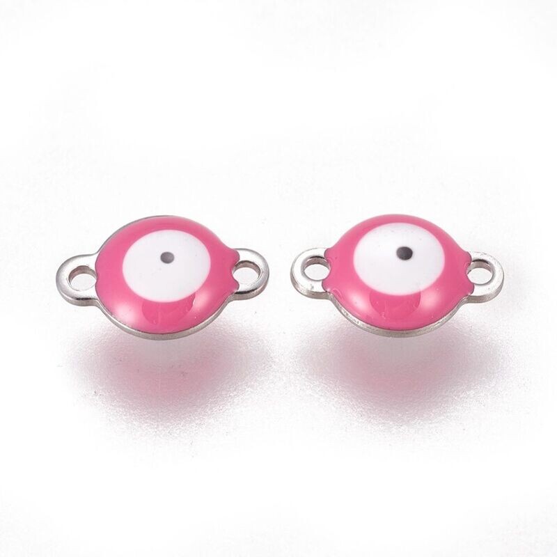 2 x Stainless Steel & Pink Enamel Evil Eye Connectors, 12x8x4mm