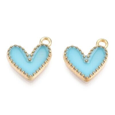 2 x Enamel & Light Gold Drop Heart Charms, 14x13mm, Light Blue