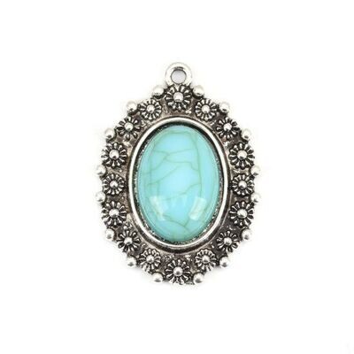 Antique Silver & Turquoise Resin Boho Pendant, 34x25mm