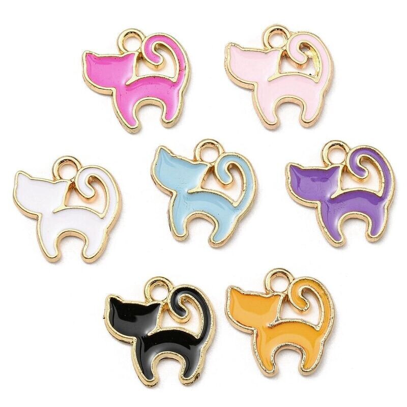 5 x Enamel & Light Gold Cat Charms,  13mm, Mixed Colours