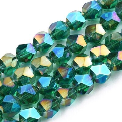 Multi-Faceted Glass Beads in AB Emerald Green, 6mm, 1 Strand