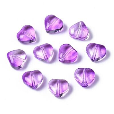 30 x Glass Heart Beads in Purple, 7x8x4mm