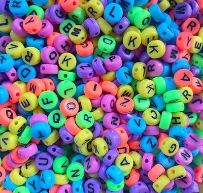 Neon Round Letter Beads with Black Letters, 50g