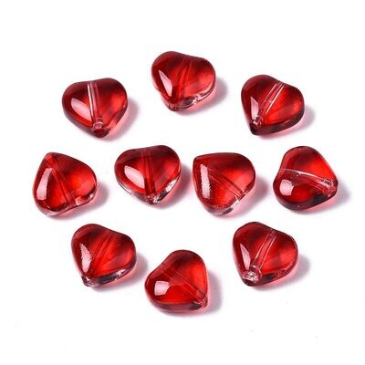 30 x Glass Heart Beads in Red, 7x8x4mm