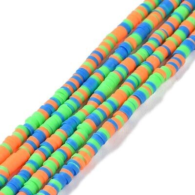 Polymer Clay Heishi Bead Strand, Neon Green/Blue/Orange, 3mm