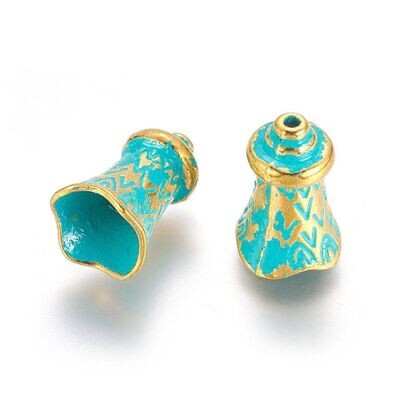 6 x Alloy Bead Cone, Gold & Turquoise Patina, 17x11mm