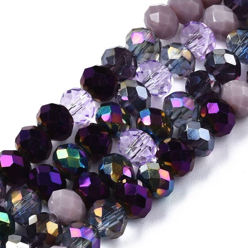 6x5mm Electroplated Faceted Glass Rondelles in Mixed Purples, 1 Strand