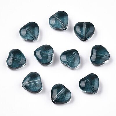 30 x Glass Heart Beads in Slate Grey/Blue, 7x8x4mm