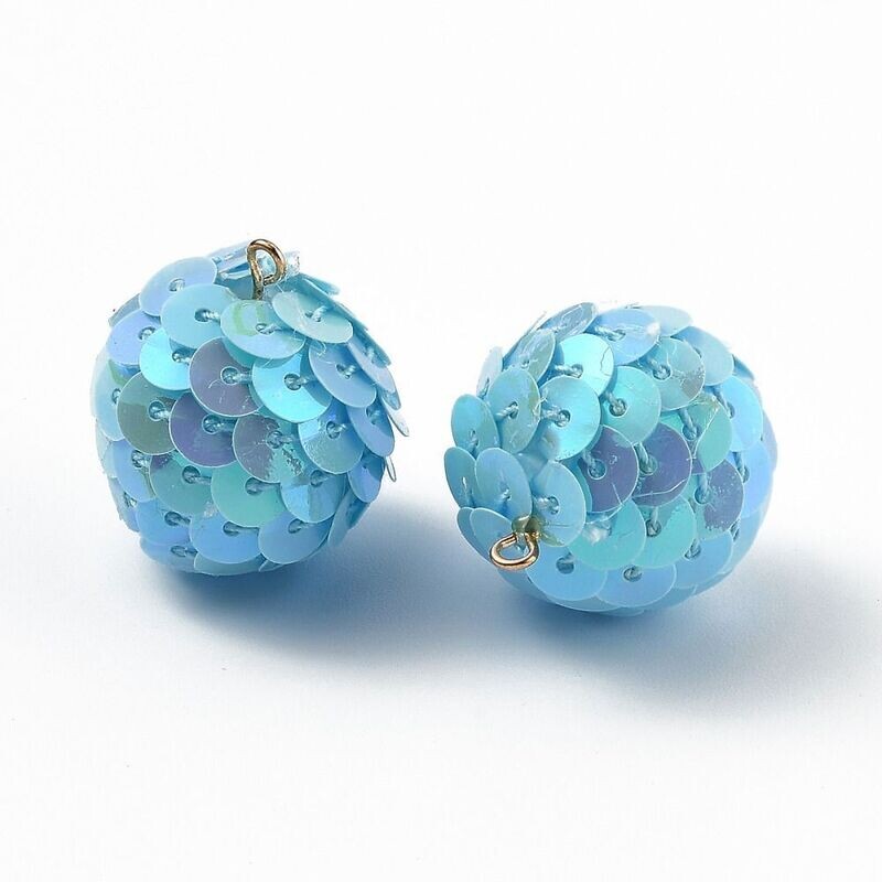 2 x Sequinned Pendants in Light Blue, 26x21mm