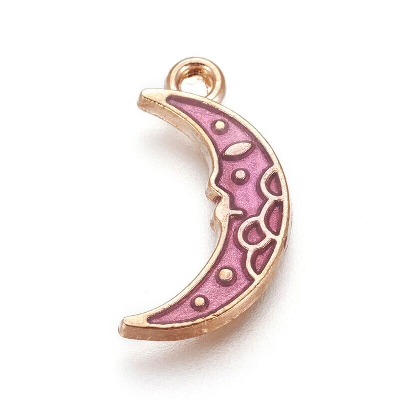 Light Gold & Pink Enamel Crescent Moon Charm, 17x9x2mm