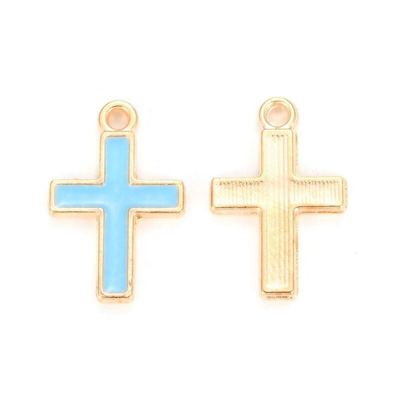 Light Blue Enamel and Light Gold Cross Charm, 16x10mm