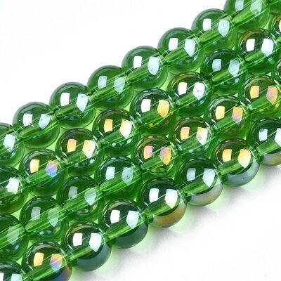 Electroplated Glass Beads in Green with AB Finish, 6mm, 1 Strand