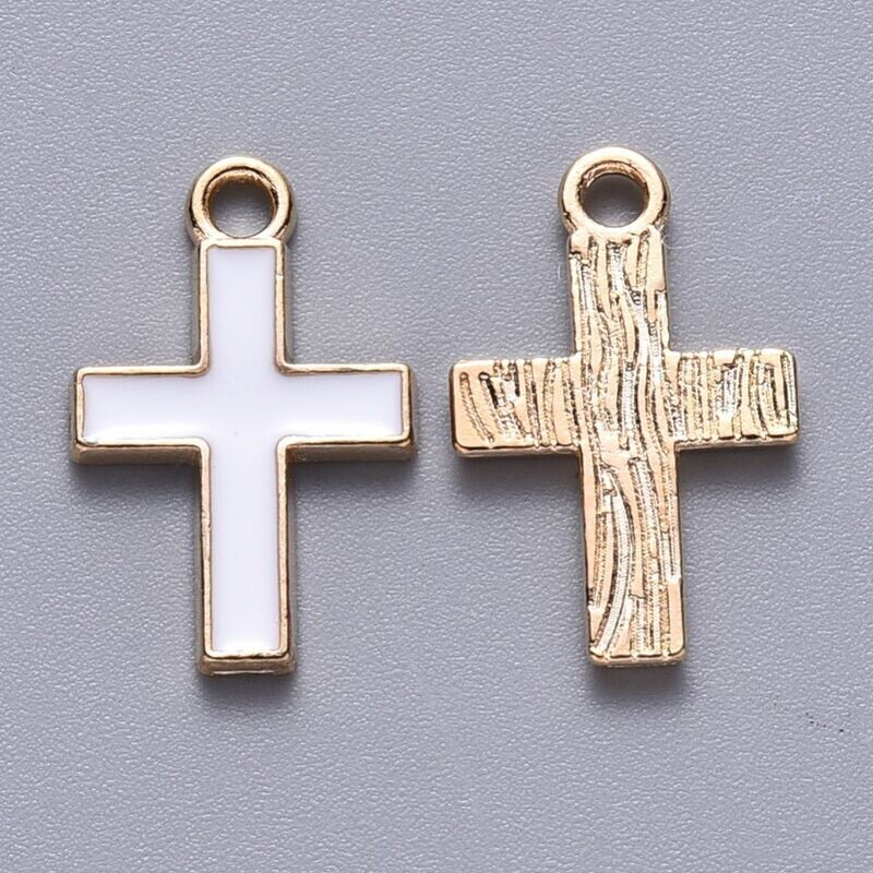 White Enamel and Light Gold Cross Charm, 16x10mm