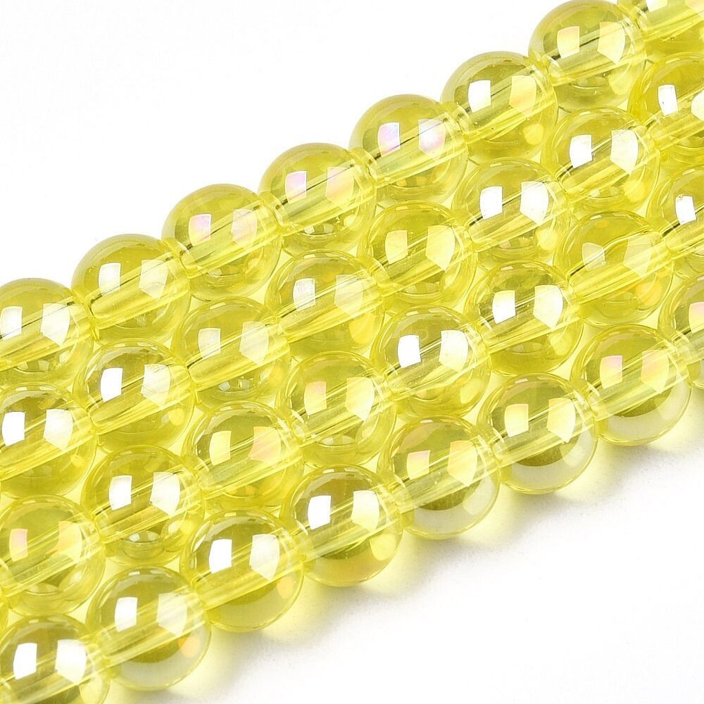 Electroplated Glass Beads in Yellow with AB Finish, 6mm, 1 Strand
